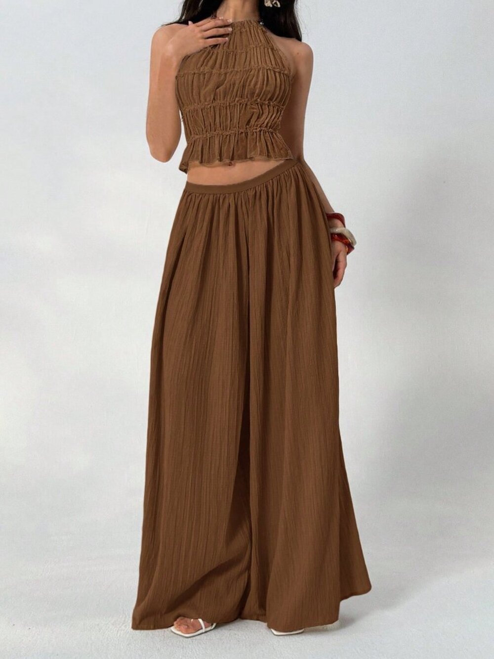 Brown Casual Women's Loose Textured Pants - Picture 6 of 7